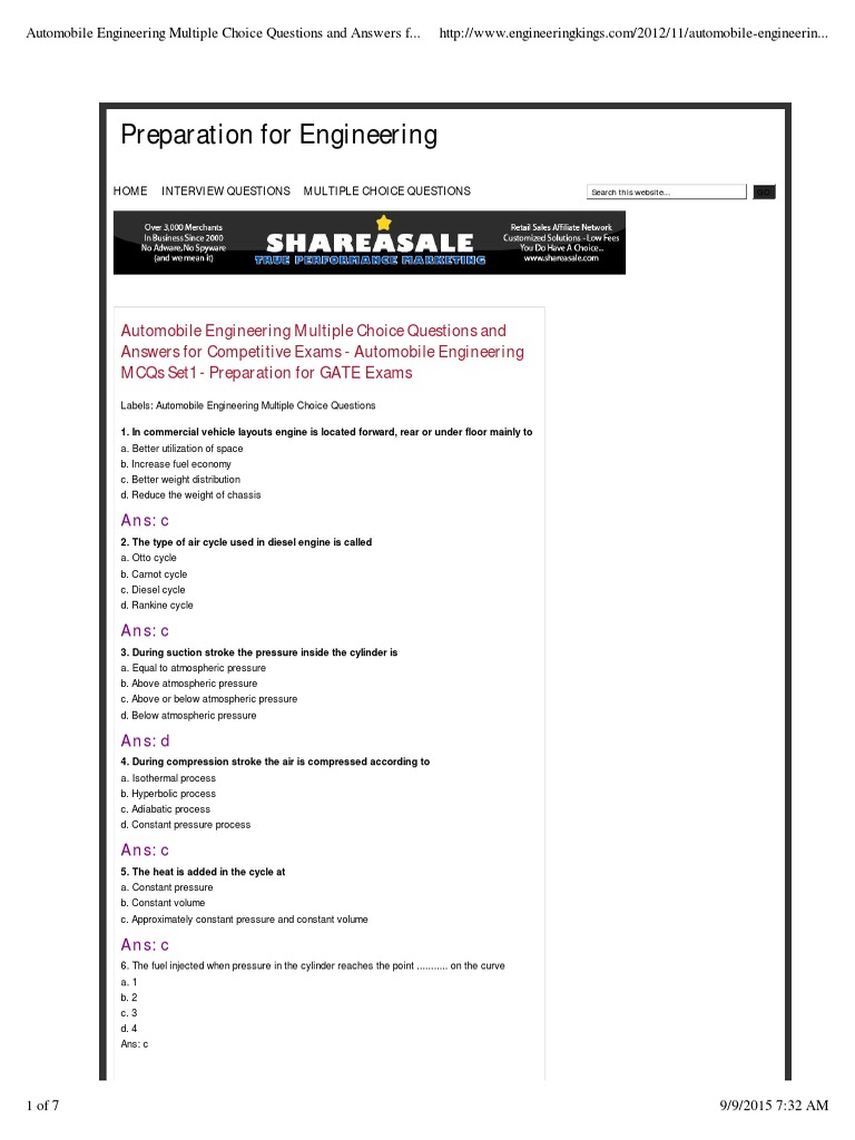 Automobile Engineering Multiple Choice Questions and Answers for