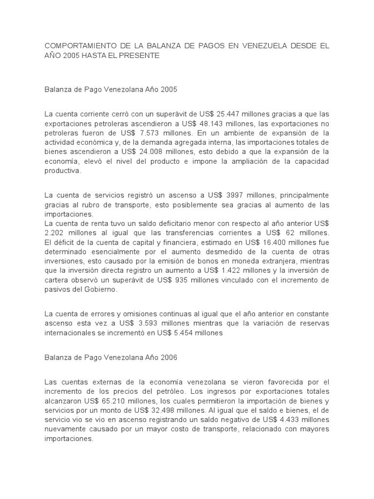 Comportamiento de La Balanza de Pagos en Venezuela Desde El Año 2005 ...
