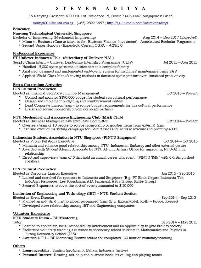 NTU Mechanical Engineering Resume | PDF | Singapore | World Politics