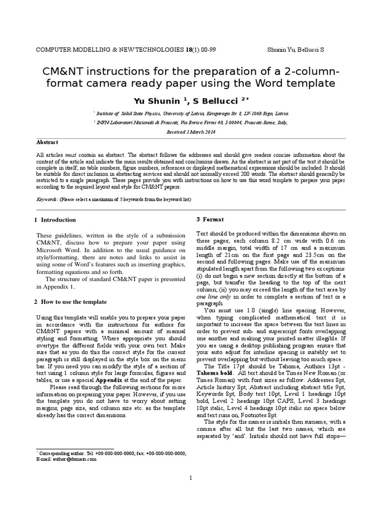 CM&NT Instructions For The Preparation of A 2ColumnFormat Camera Ready Paper Using The Word