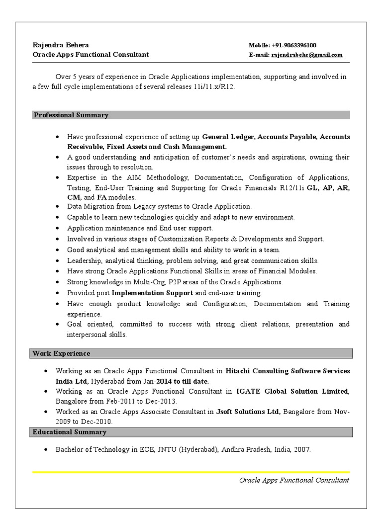 Raj Oracle Apps Financial Consultant Resume PDF Application Software Oracle Corporation