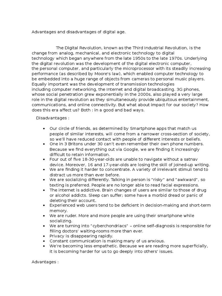 Advantages and Disadvantages of Digital Age | PDF | Digital Technology