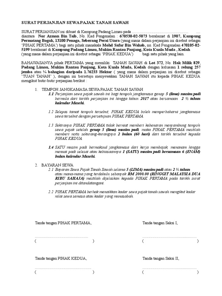 Contoh Format Surat Perjanjian Jual Beli Tanah Di Malaysia Doc
