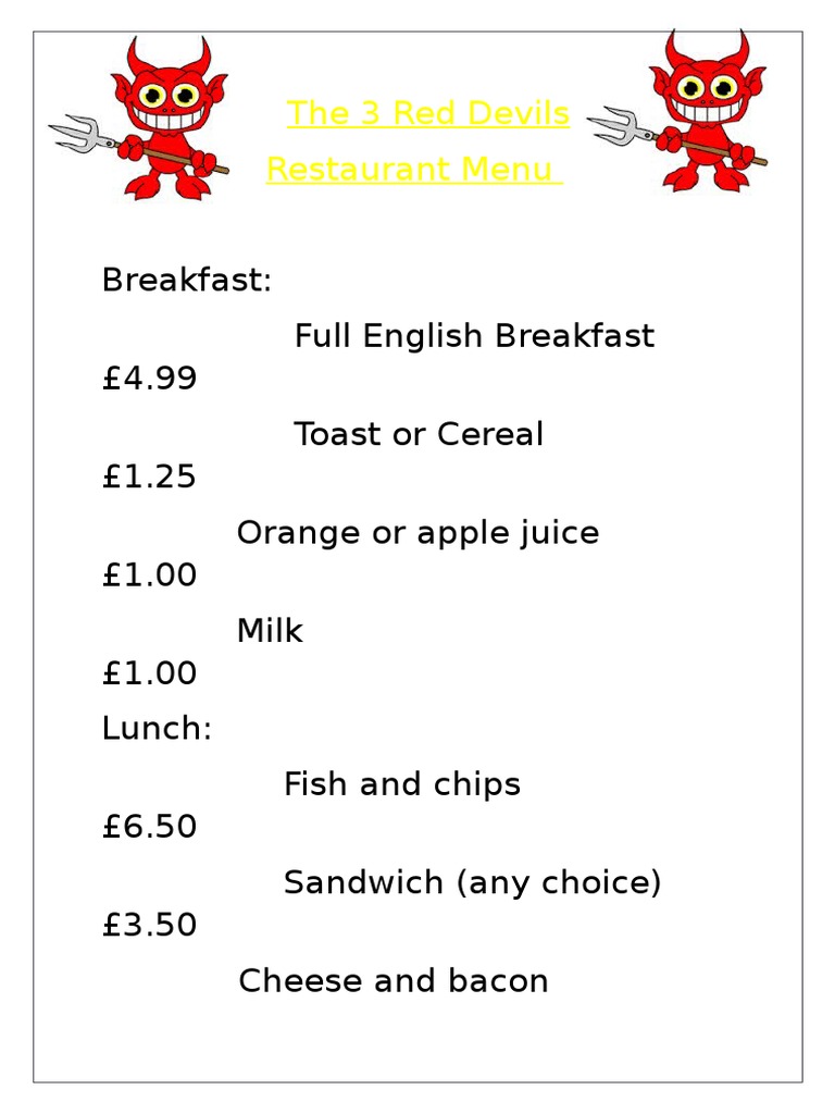 The 3 Red Devils Restaurant Menu | PDF | Cooking, Food & Wine