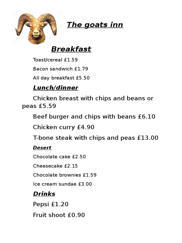 The Goats Inn Menu & Prices | PDF