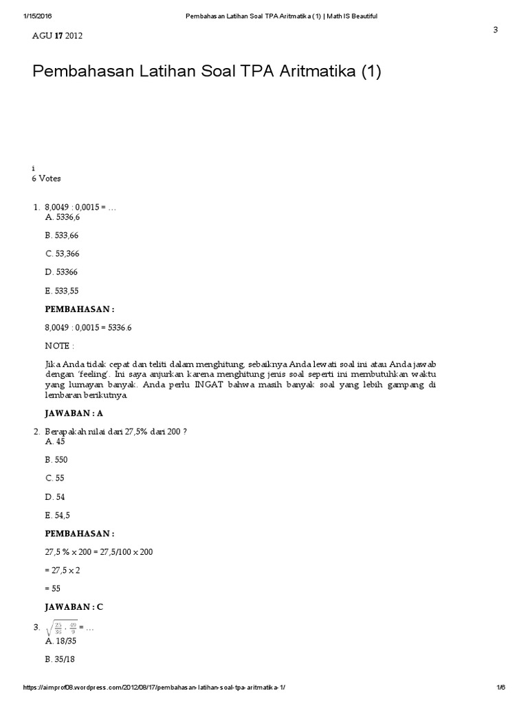 Pembahasan Latihan Soal Tpa Aritmatika 1