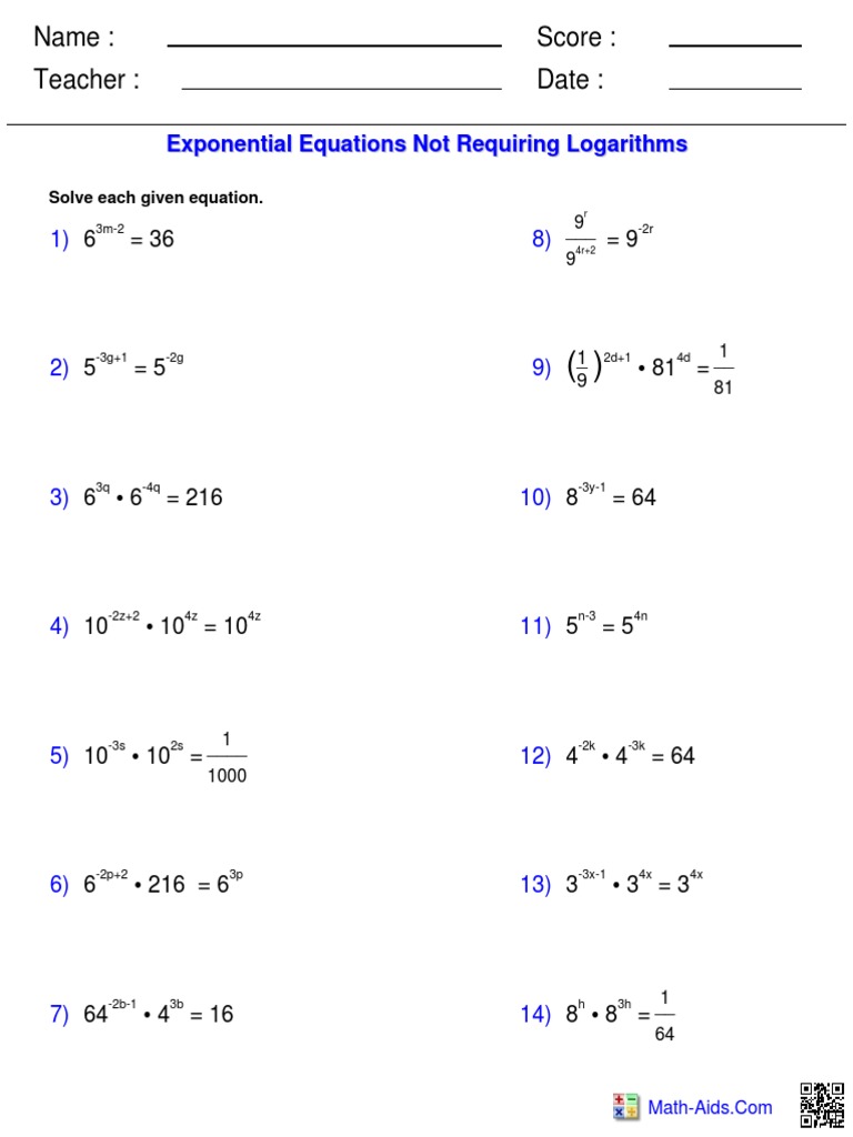Exponential Equations Worksheet | PDF | Science & Mathematics