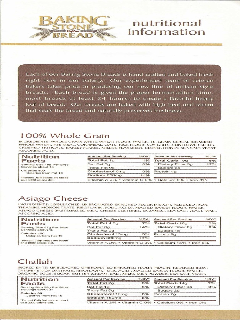 HyVee Bakery Baking Stone Bread Nutrition PDF Flour Breads