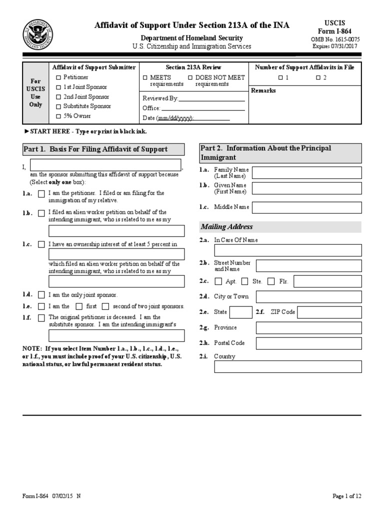 I 864 PDF | PDF | Permanent Residence (United States) | Means Test