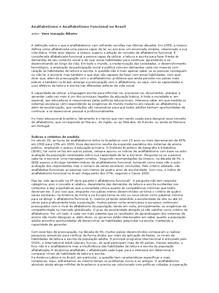 Analfabetismo E Analfabetismo Funcional No Brasil Vera Masagão Pdf