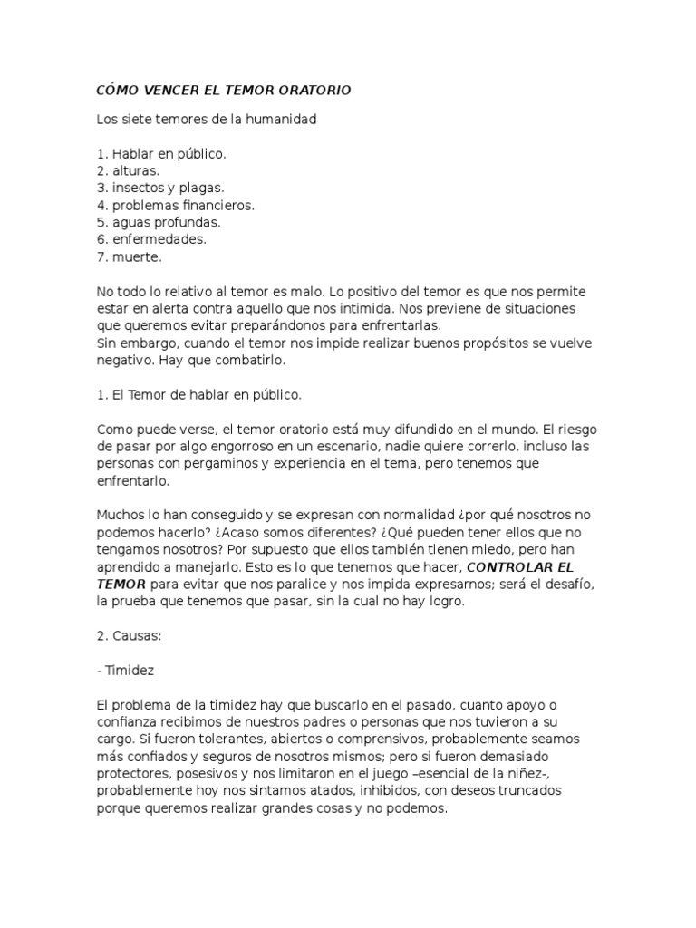 Cómo Vencer El Temor Oratorio PDF Temor Autoestima