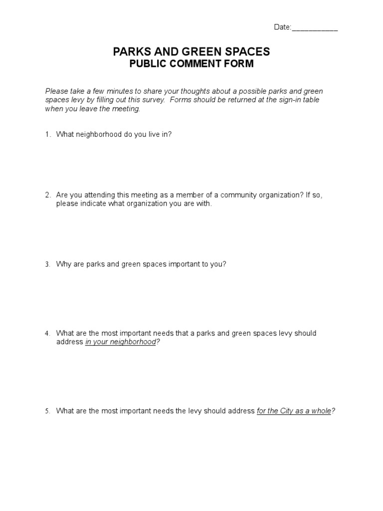Parks Levy Public Comment Form | PDF