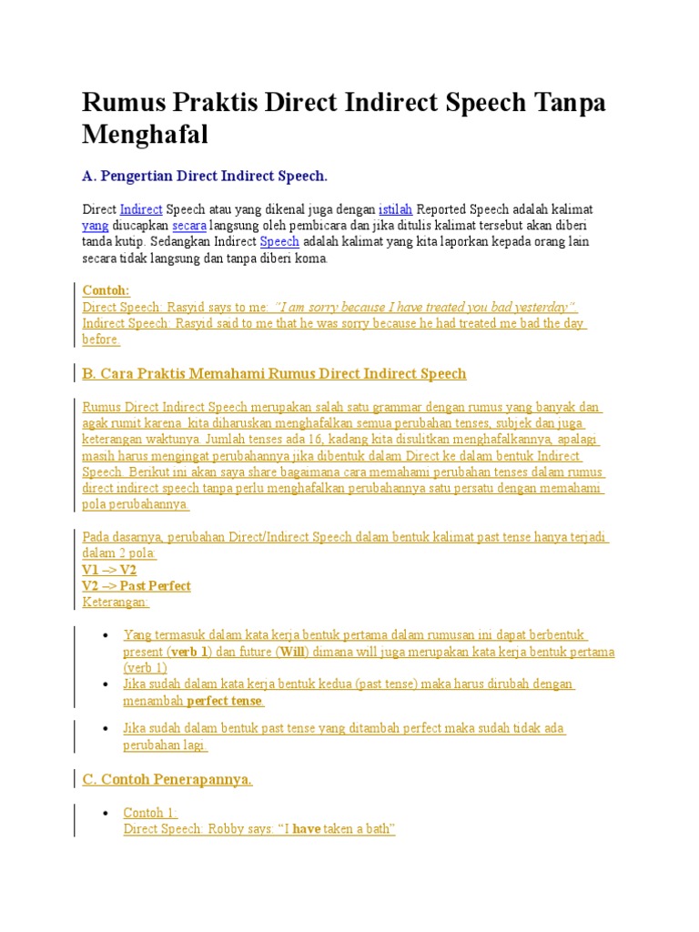 Rumus Direct And Indirect Speech Mudah
