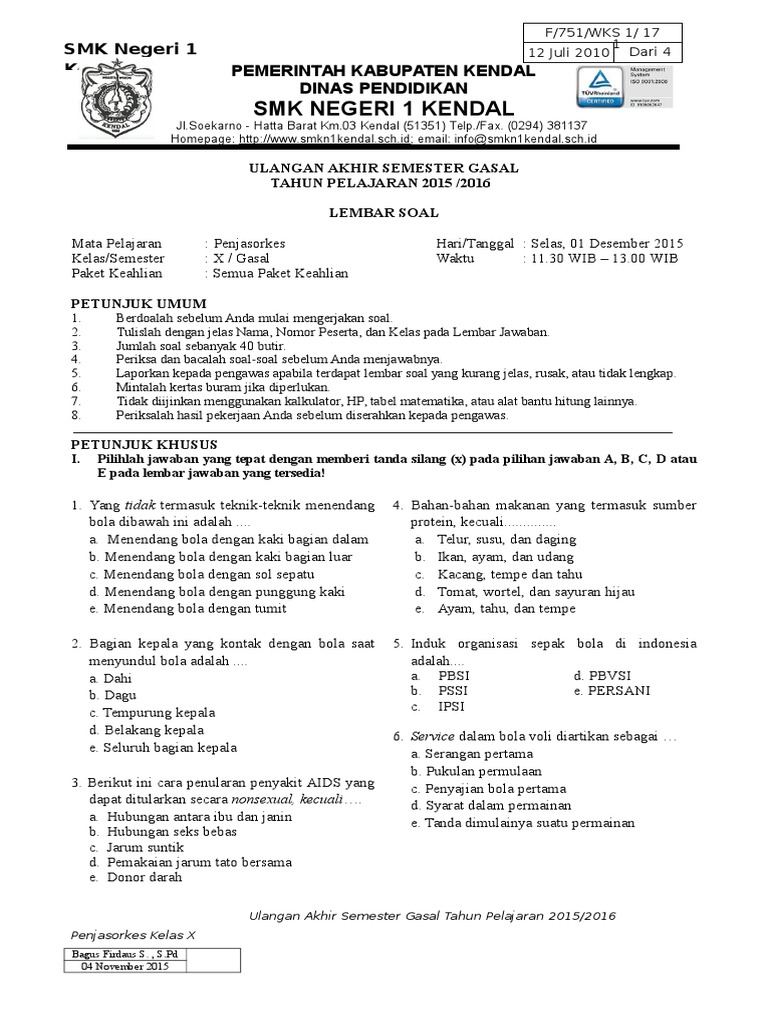 Soal Uas Pjok Kls X