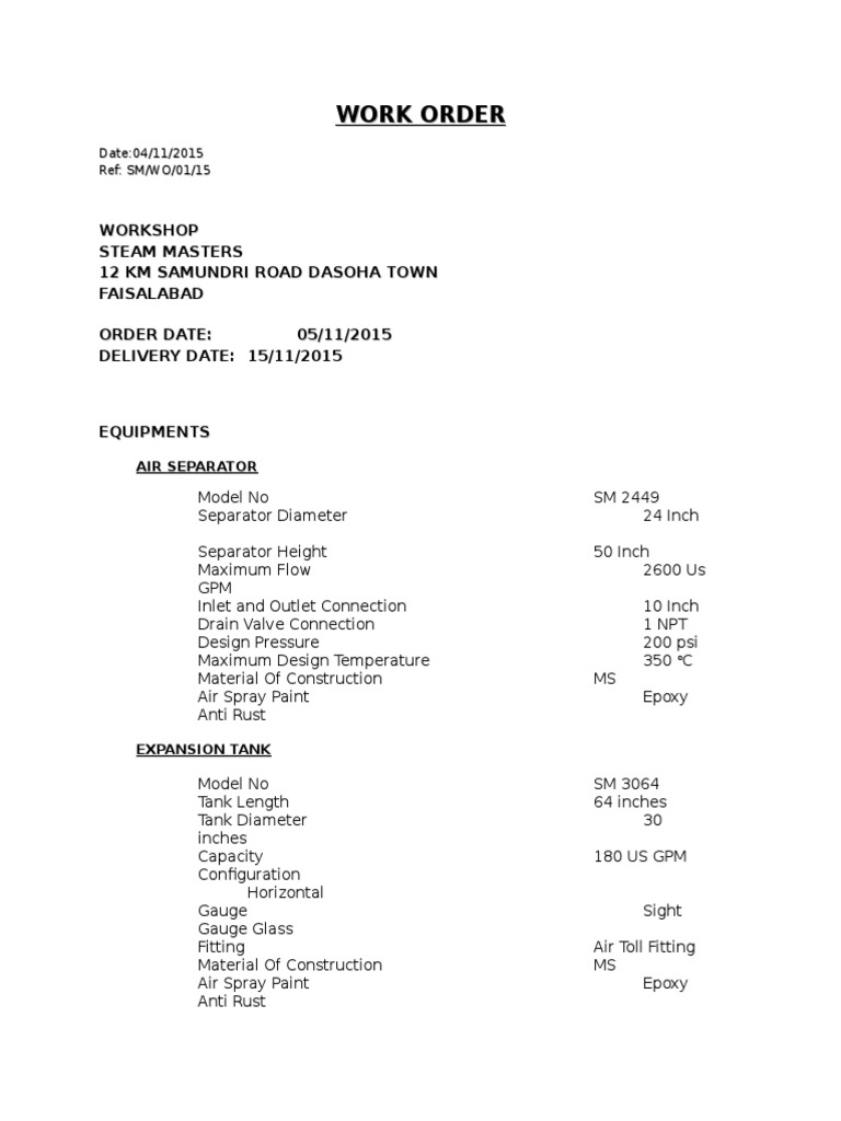 Steam Masters Equipment Work Orders | PDF | Technology & Engineering