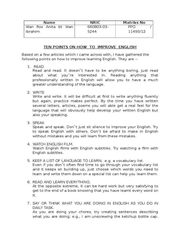 Ten Tips to Improve English Skills | PDF | English Language | Vocabulary