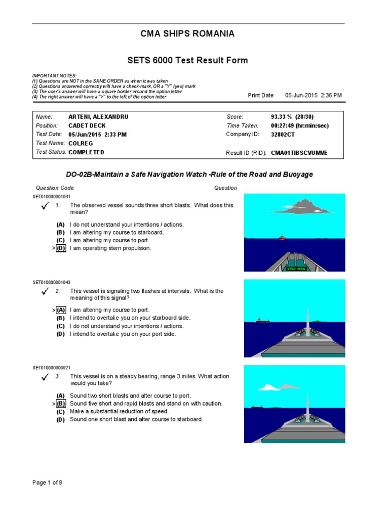 Analysis of a Marine Navigation Rules Test with Correct Answers