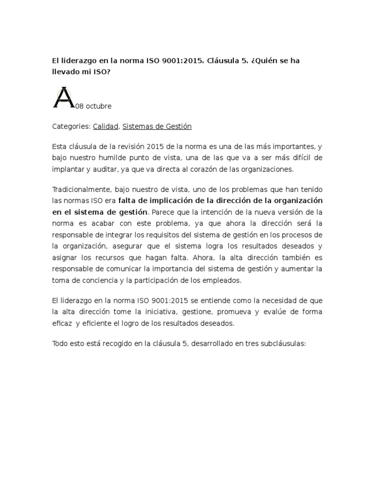 Liderazgo en ISO 9001:2015, Cláusula 5 | PDF | Gestión de la calidad ...