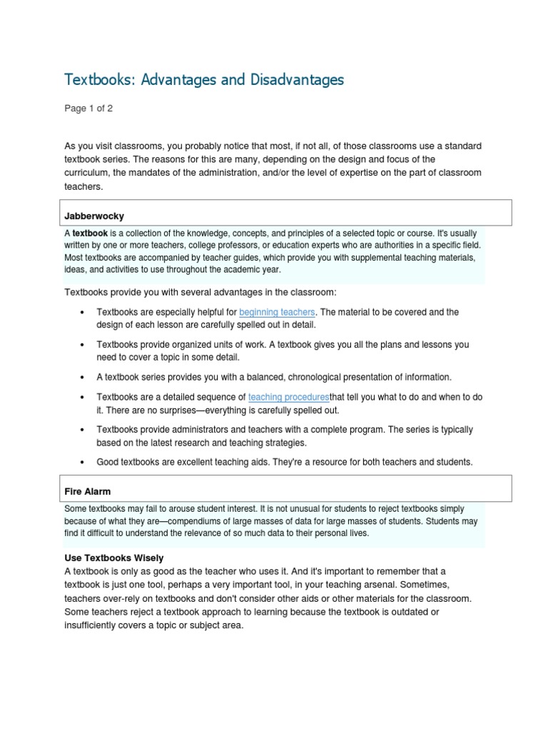 Advantage & Disadvantage of Textbooks Teachers Textbook