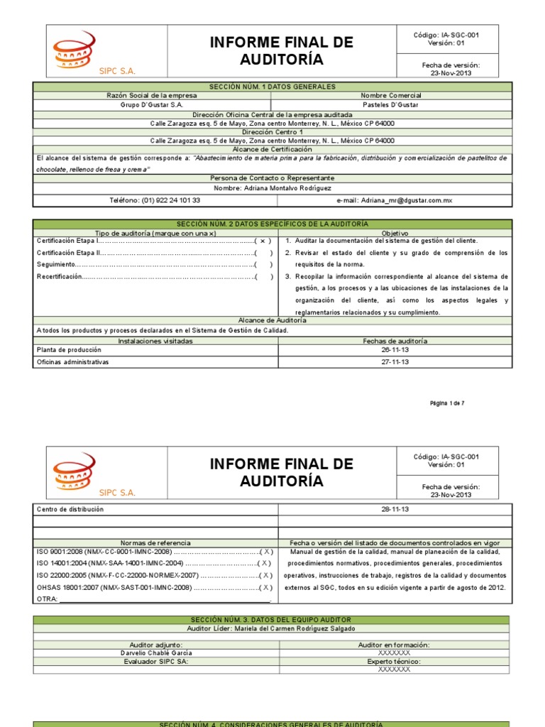 Informe Final Auditoría Gestión de la calidad Calidad