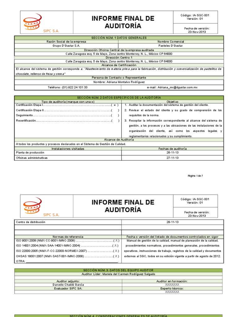 Informe Final Auditoría Pdf Gestión De La Calidad Calidad Comercial