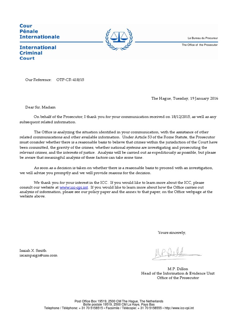 Letter From The International Criminal Court Reg A Confirmation As To An Analyzation Of The Situation Reg The Hamas International Criminal Court Prosecutor