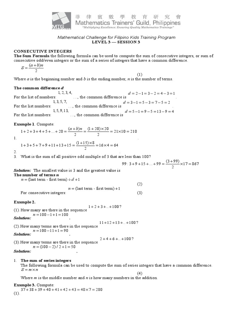 worksheet Consecutive Integer Problems Worksheet consecutive integer level 3 session sk summation integer