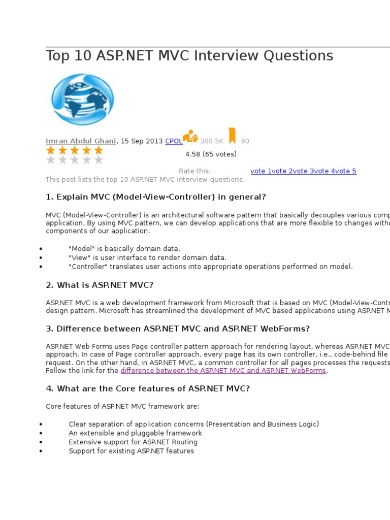 Top 10 MVC Interview Questions | PDF | Model–View–Controller | Software ...