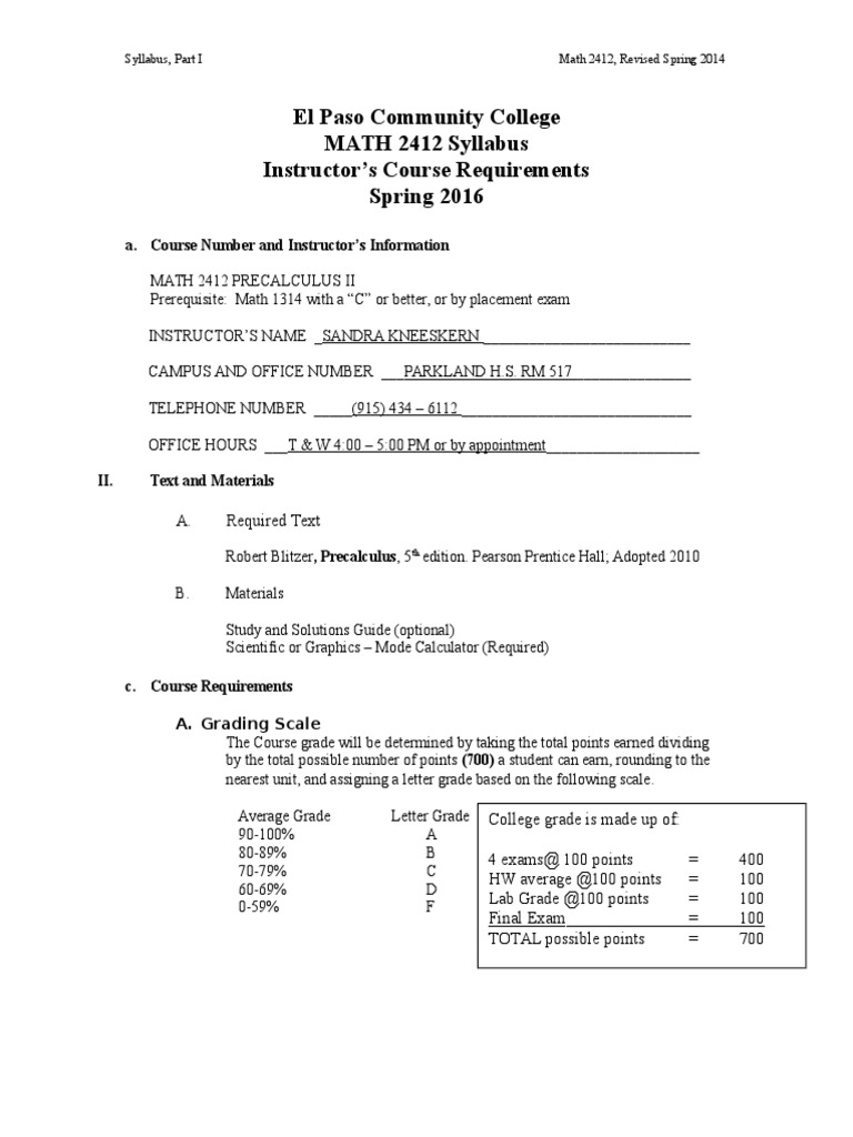 Math 2412 Precalculus II Syllabus | PDF | Trigonometric Functions ...