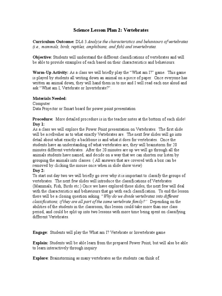 Vertebrates Science Lesson Plan | PDF | Vertebrates | Lesson Plan