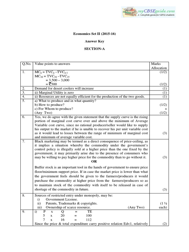 Economics Set II (2015-16) Answer Key Section-A | PDF | Marginal Cost | Government Budget Balance