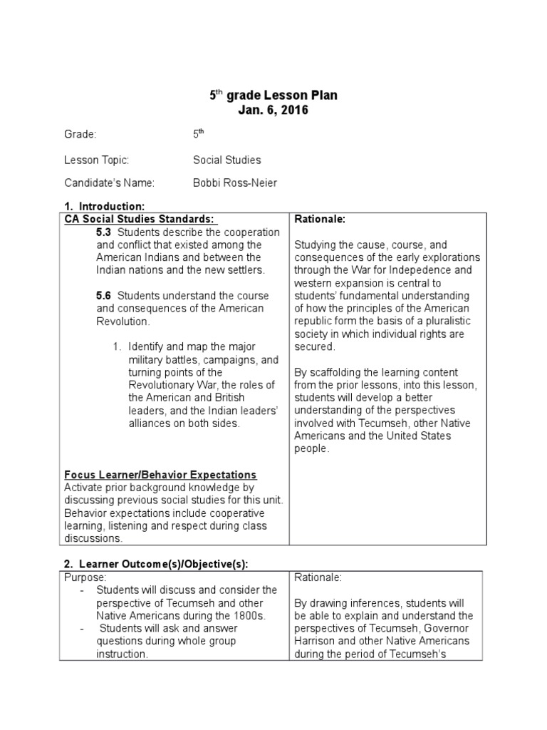 5 Grade Lesson Plan Jan. 6, 2016 CA Social Studies Standards 5.3