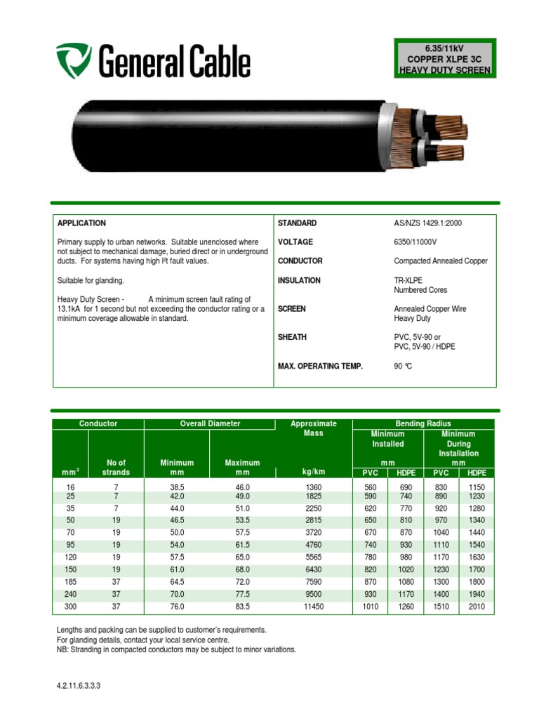3c Cu Xlpe PVC 6.35 (11) KV Heavy Duty Cws | PDF | Cable | Electrical ...