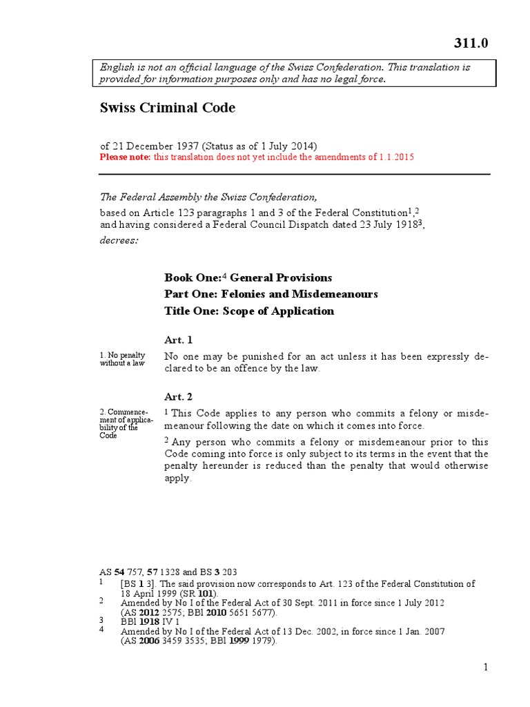 Swiss Criminal Code Overview 2014 | PDF | Probation | Misdemeanor