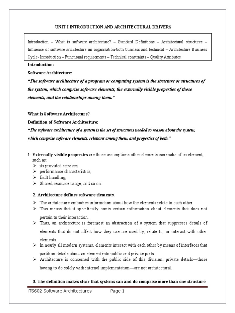 Software Architecture Unit I Introduction And Architectural Drivers