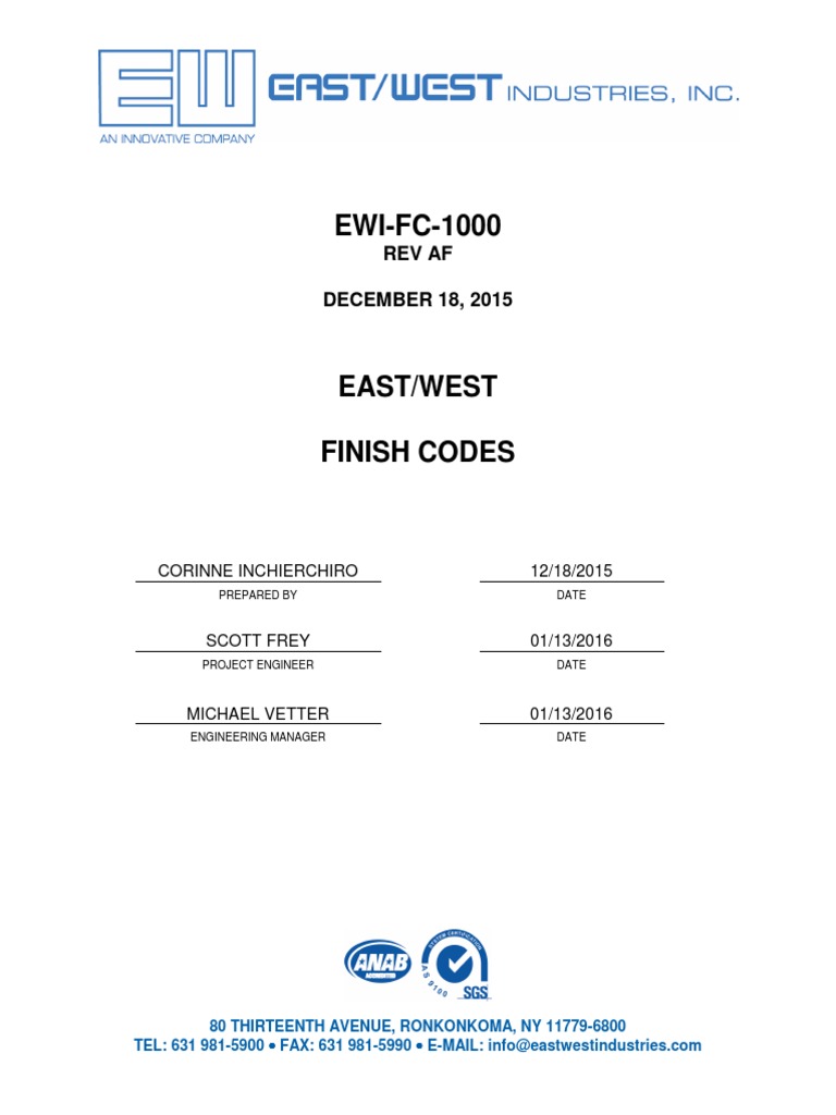 East/West Industries Finish Codes | PDF | Chromium | Chemical Processes