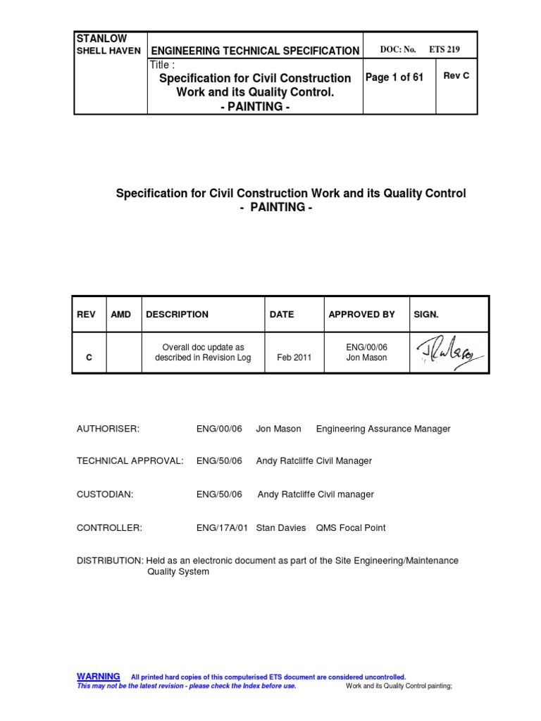 Work and Its Quality Control Painting; Paint Abrasive Free 30day