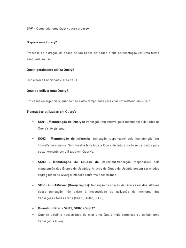 Criando Queries no SAP: Passo a Passo | PDF | Processo (informática ...