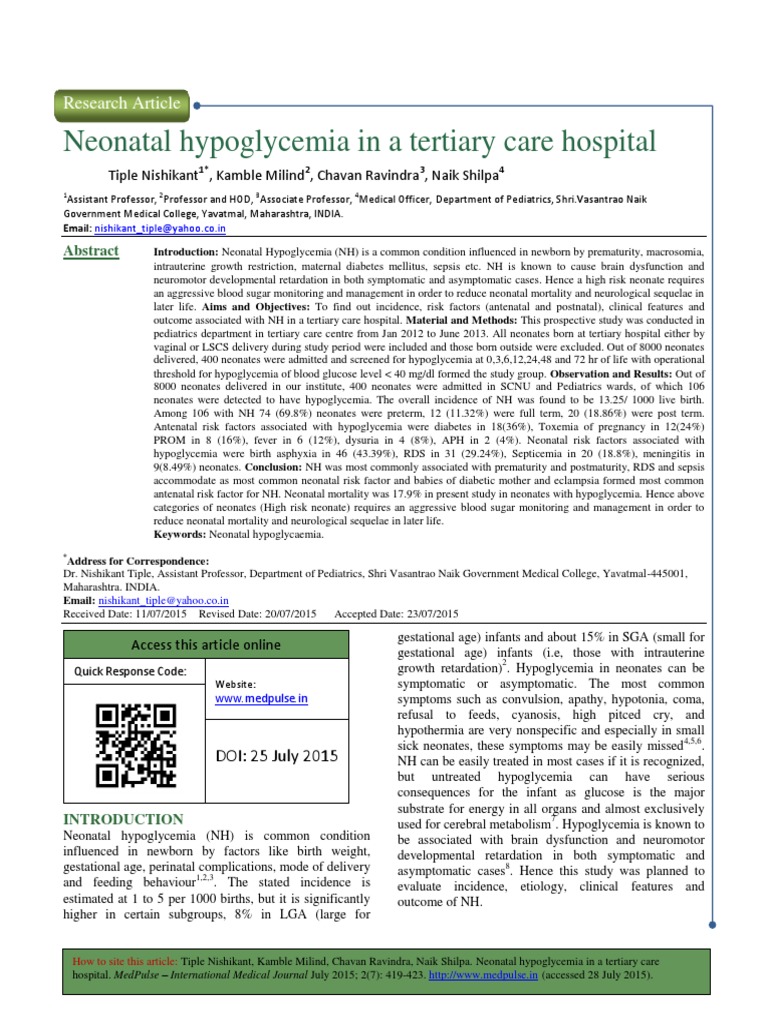 Neonatal Hypoglycemia in A Tertiary Care Hospital PDF Hypoglycemia