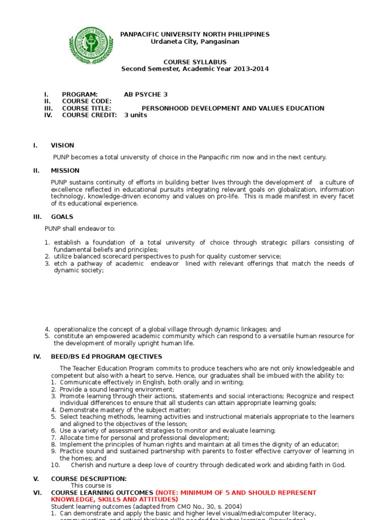 Personhood Development Course Syllabus | PDF | Learning ...