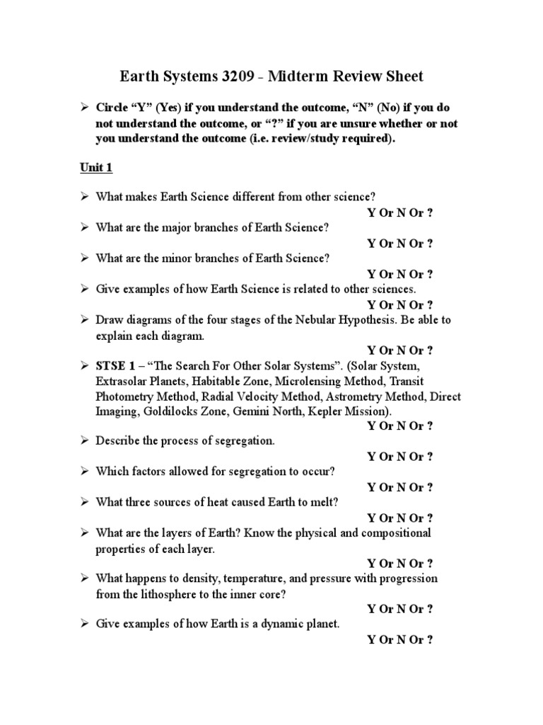 Earth Systems 3209 Midterm Review Guide | PDF | Rock (Geology) | Minerals