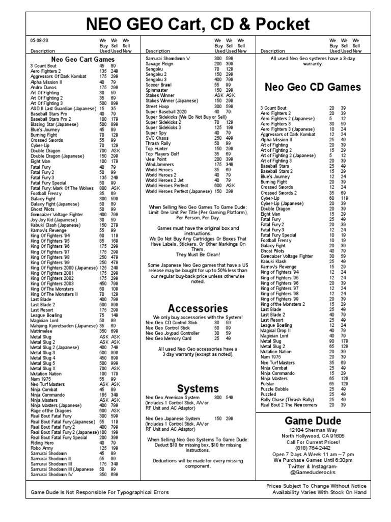 Neo Geo Game Buy/Sell Prices List | PDF | Video Game Development
