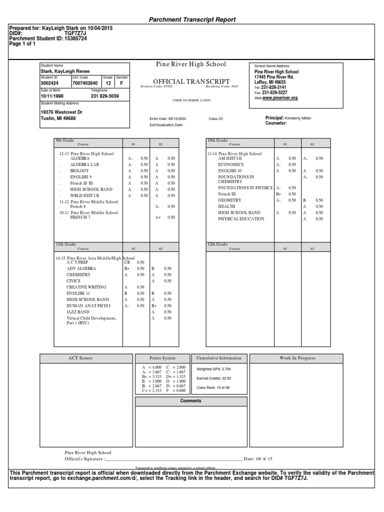 Official High School Transcript | PDF | Students | Secondary Education