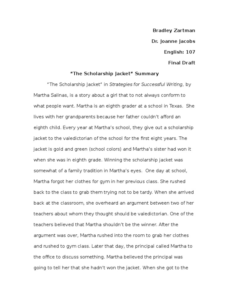 The Scholarship Jacket Summary PDF Schools