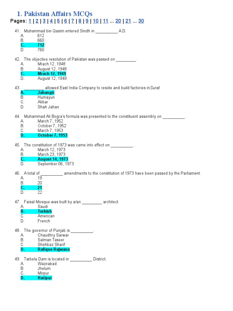 Pakistan Affairs MCQs Final | PDF | Indus River | Pakistan