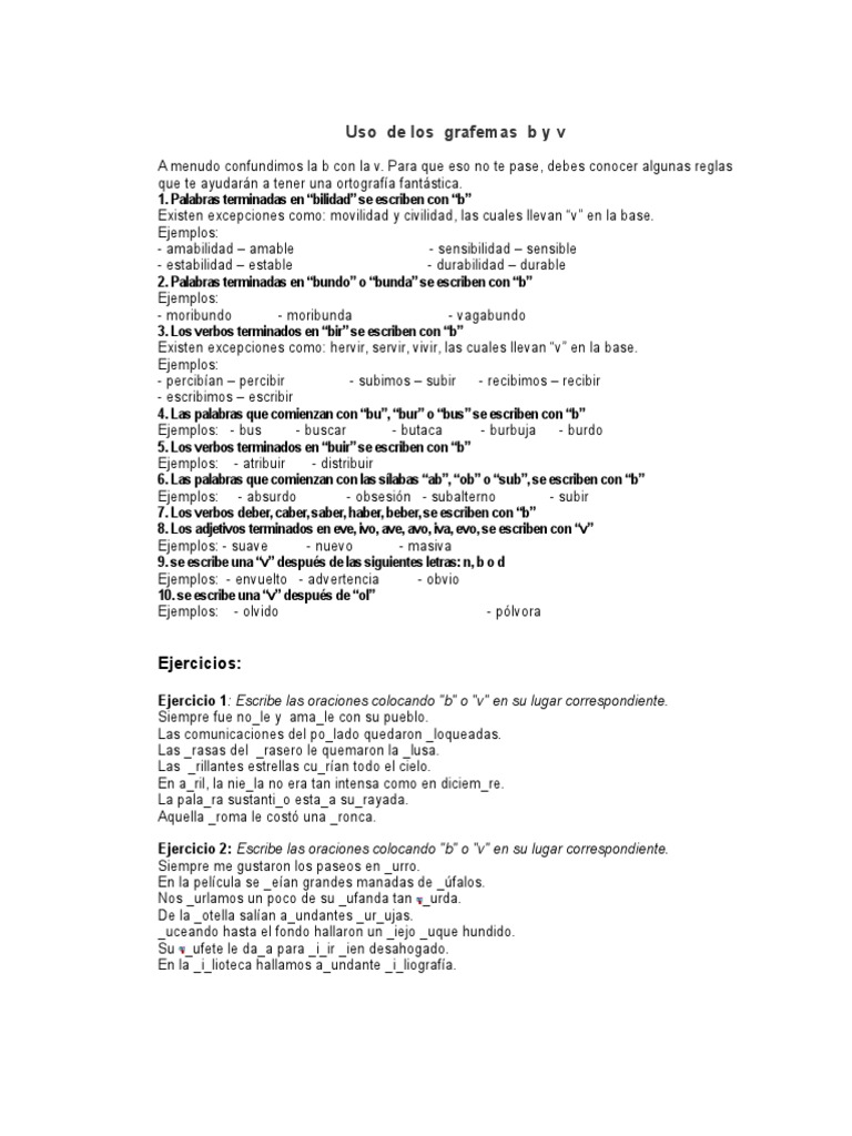 Uso de grafemas b y v en español | PDF | Idiomas | Artes del Lenguaje y ...