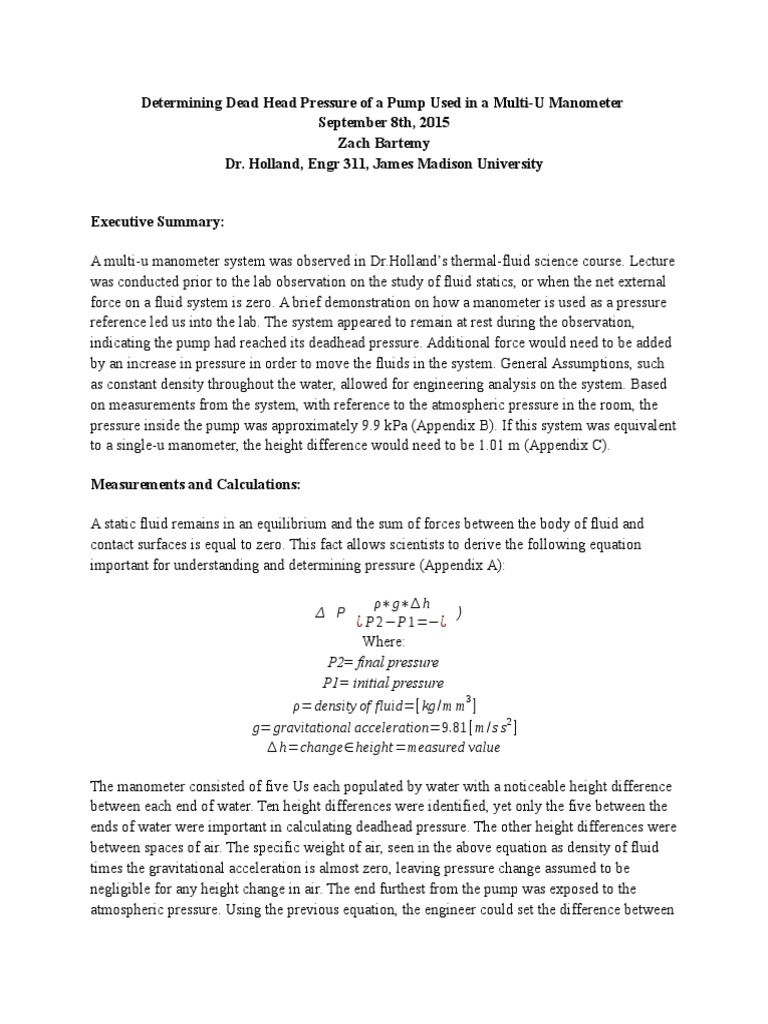 Bartemy MultiU Manometer Lab Engr 311 PDF Pressure Measurement