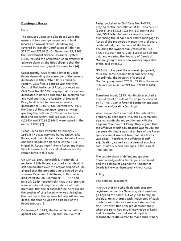 Domingo V Roces PDF Laches (Equity) Civil Law Law)