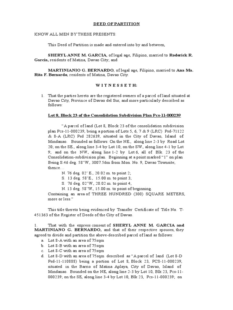 Deed of Partition for Davao Land | PDF | Civil Law (Common Law ...