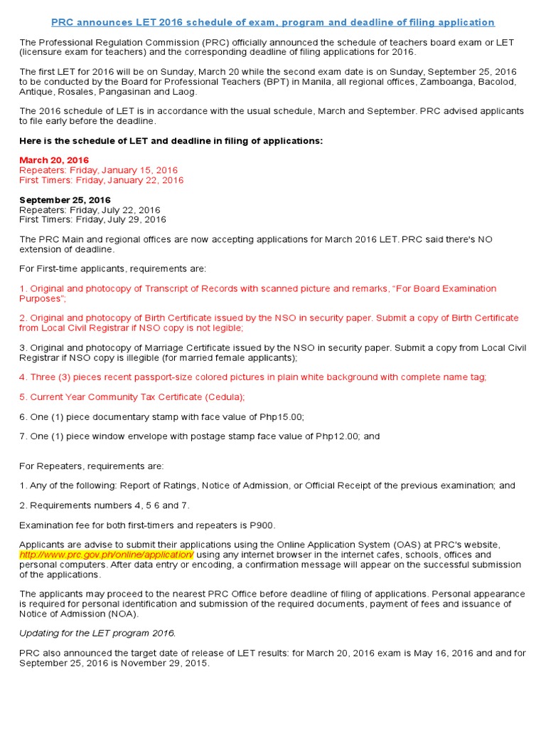 Prc let requirements 2016 test assessment computing